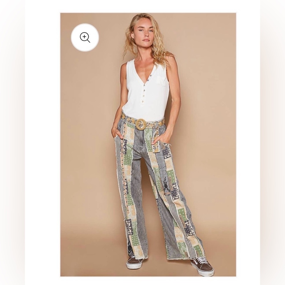 POL Relaxed Patchwork Wide-Leg Pants - White/Green Pattern; Size L